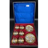 Antique boxed set of 6 Japanese Satsuma/ Kutani ware hand painted coffee cans and saucers. Six