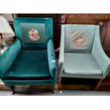 Two Ladies fire side arm chairs with tapestry design backing.