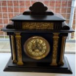 19th century slate and gilt brass worked mantel clock. Brass and enamel face. Japy Freres clock