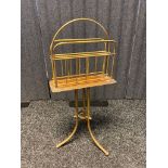 Brass and wood magazine rack on tripod base, engraved with the wording 'Hall B' [77cm]