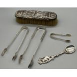 A Selection of silver marked items to include two Victorian Edinburgh silver sugar tongs, Birmingham