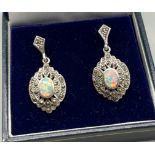 A Pair of Silver, Marcasite and opal panelled Art Deco style drop earrings.