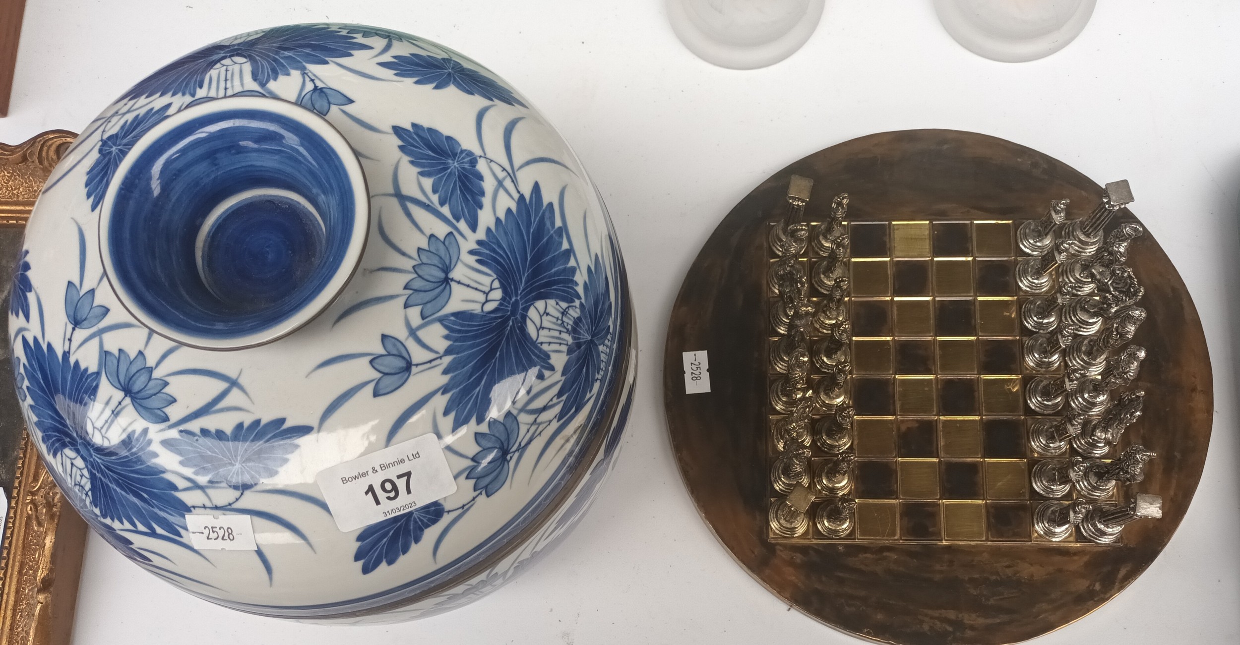 A Ornate Metal chess set with board along with A Large eastern themed blue & white preserve dish - Image 2 of 3