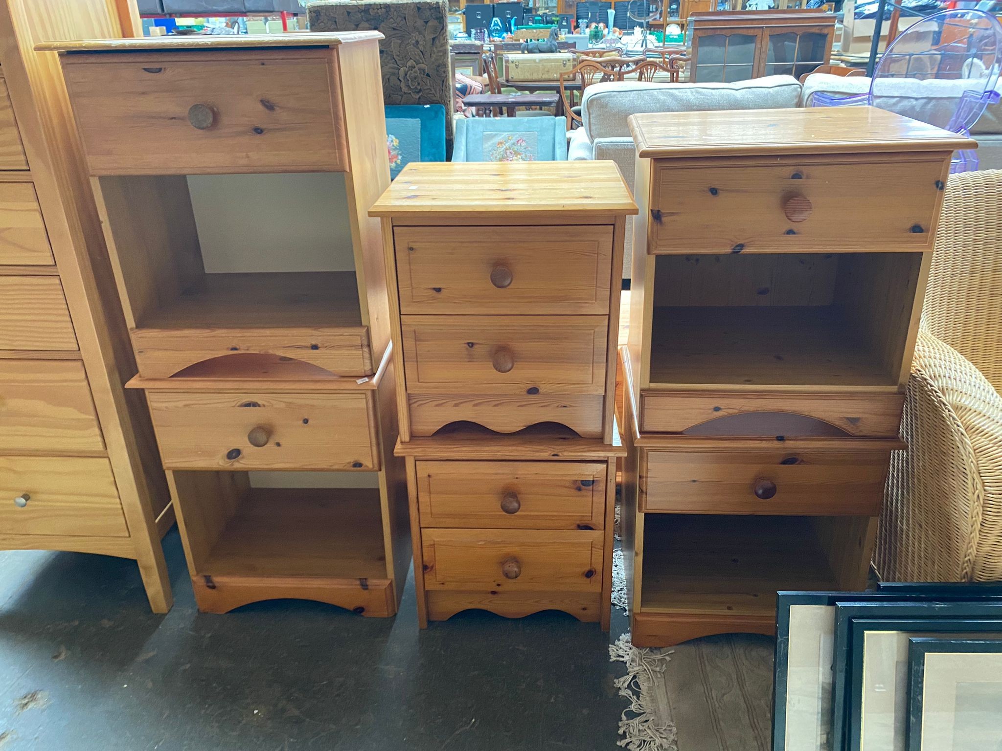 6 various pine bed side cabinet's