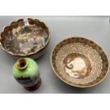 A lot of two antique Japanese Satsuma bowls and cloisonné small vase. Dragon design bowl