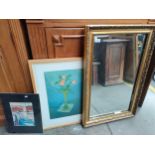 Gilt framed mirror, Watercolour depicting harbour boat scene and limited edition coloured lithograph