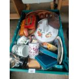 A crate of collectable porcelain and wooden treen items to include German pottery, EPNS items and