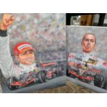 Two Oil Paintings of Lewis Hamilton. One titled 'Lewis Hamilton First F1 Championship' Signed