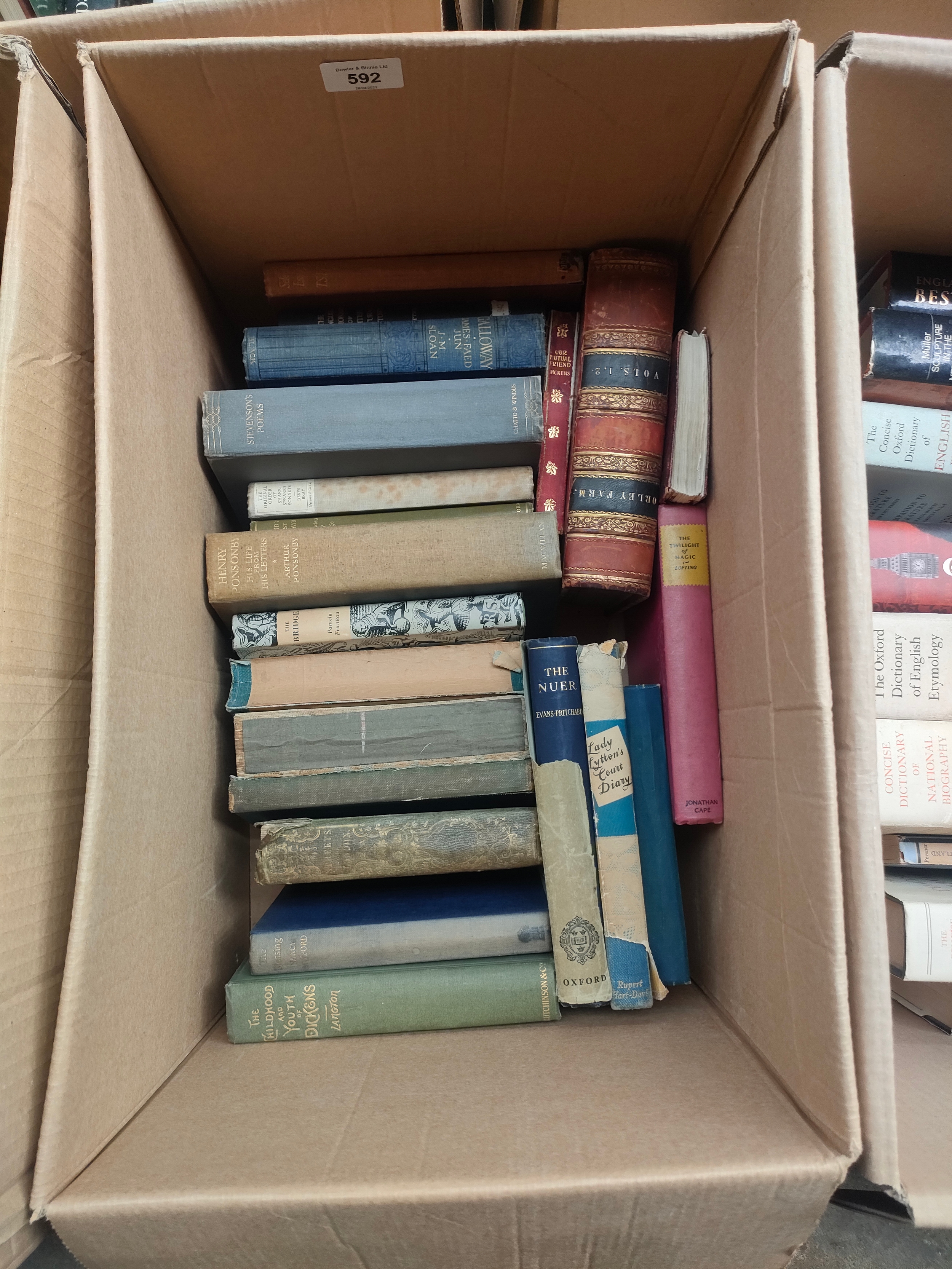 A Box of antique books includes the twilight of the magic lofting, orley farm, the childhood and