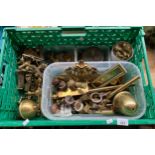 A Crate of antique fixtures and fittings. to include sash window brass locks, key hole facers,