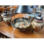 Large oriental bowl and two oriental highly decorative temple jars.