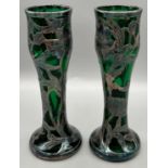 A Pair of Art Nouveau green glass and Silver overlay bud vases. Produced by Edward & Sons,