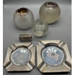Two silver marked ash trays, Birmingham silver match holder, Two table top glass and silver collar