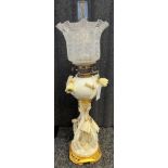 19th century Moore pottery highly decorative paraffin lamp, with acid etched shade [as found in