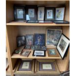 Three shelves of art work prints and engravings to include Mabel Lucie Attwell prints, Caricature of