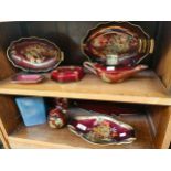 2 Shelves of Carlton ware Rouge Royale pattern includes Table lighter in pagoda pattern, lustre