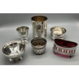 6 items of silver- includes Birmingham silver egg cup, Victorian Sheffield silver and ruby glass