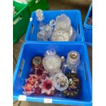 Two boxes of art glass and crystal to include glass oil lamp bases, decanters and Victorian