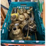 Crate of antique fixtures and fittings to include ceiling brass roses, hooks, loops and odds.