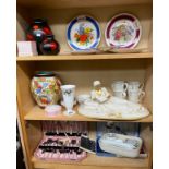Three shelves of collectable odds to include Two Poole pottery bulbous vases, 5 Royal Doulton Floral