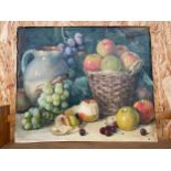 Antique watercolour painting depicting still life fruit and water jug, Signed A.B. 1900.