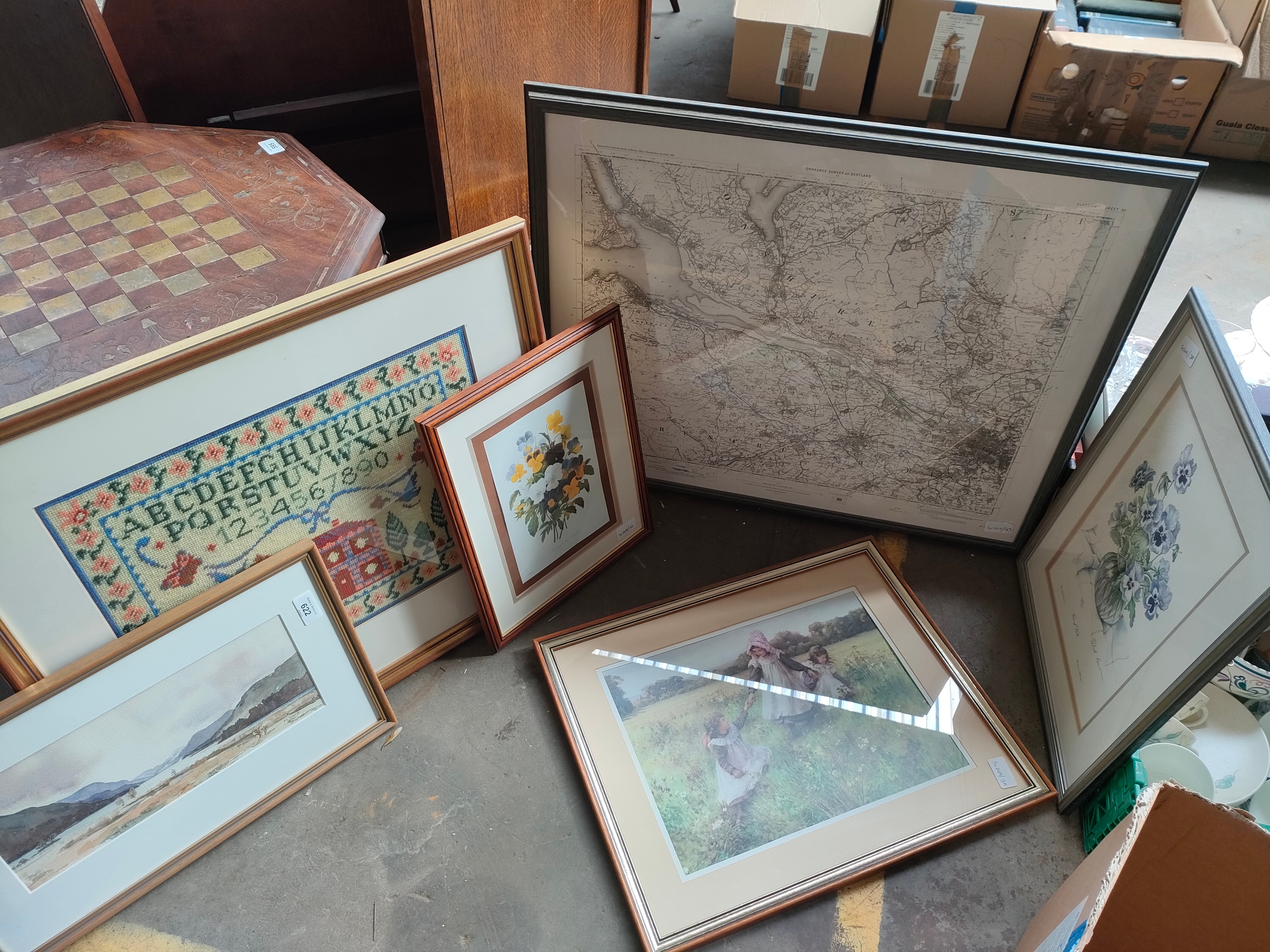 A Selection of mixed art works includes ordnance survey map of glasgow scotland, water colour