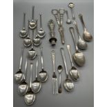 A Collection of Birmingham silver flatwares. Includes Victorian silver grape scissors produced by