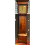 18th/ 19th century Brass face and oak cased grandfather clock, Name engraved to front of face- James