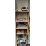 6 Shelves of various antique fixtures and fittings to include brass door bell panel, Brass key