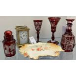 Selection of collectables to include; four pieces of ruby facet cut glass ware, Austrian bon bon