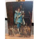 18th/19th Century painting on a wooden panel depicting a gentleman carrying a tray. [28x19cm]