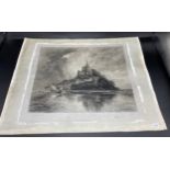 Antique unframed engraving depicting Mont St Michel- signed Munet Debaines.