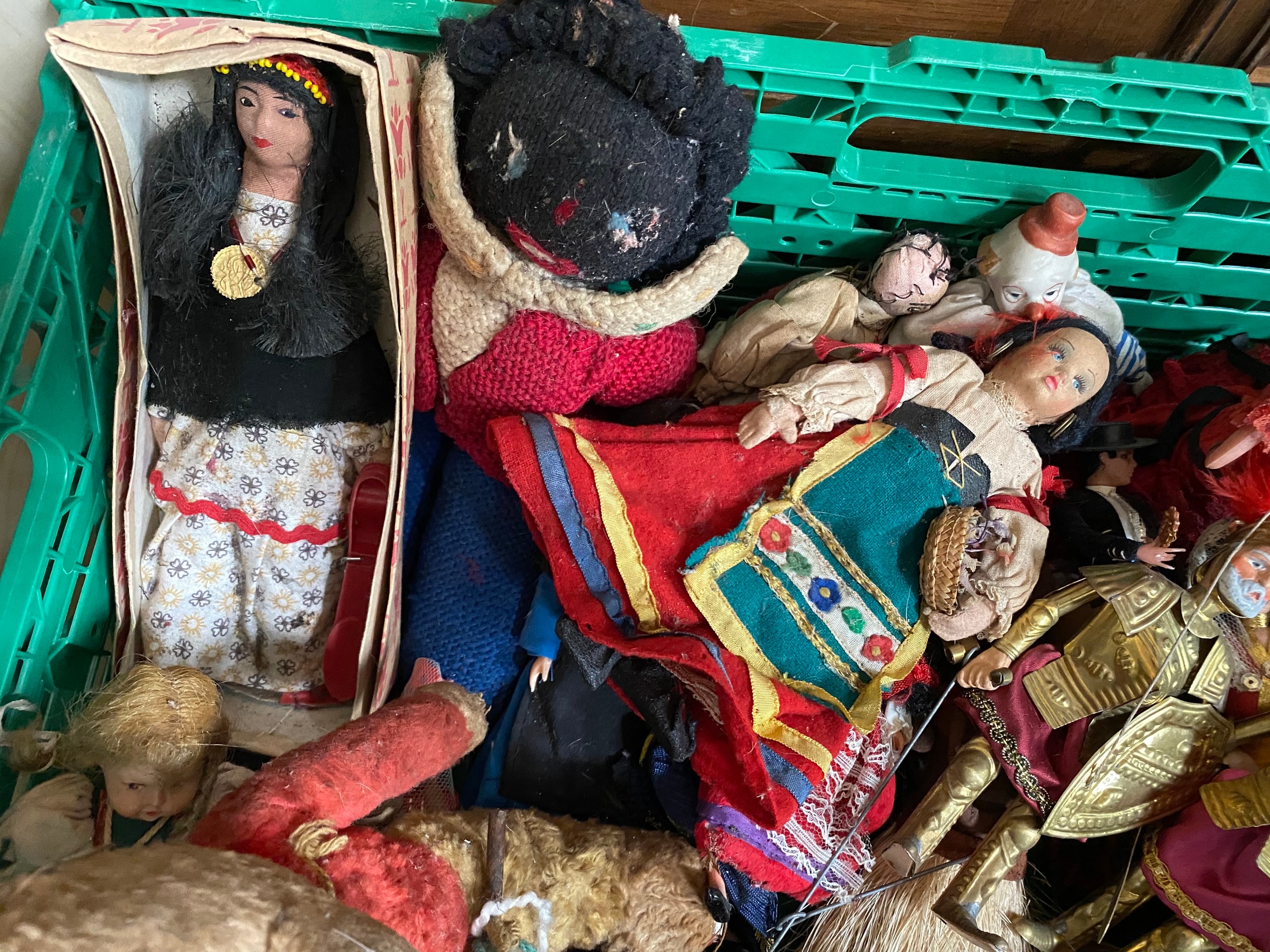 A Box of antique and vintage mixed world dolls, puppets and teddies. Includes Robinsons teddy, Two - Image 3 of 4