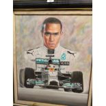 Large Framed Formula 1 Oil Painting of Lewis Hamilton Signed Deighan