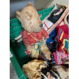 A Box of antique and vintage mixed world dolls, puppets and teddies. Includes Robinsons teddy, Two