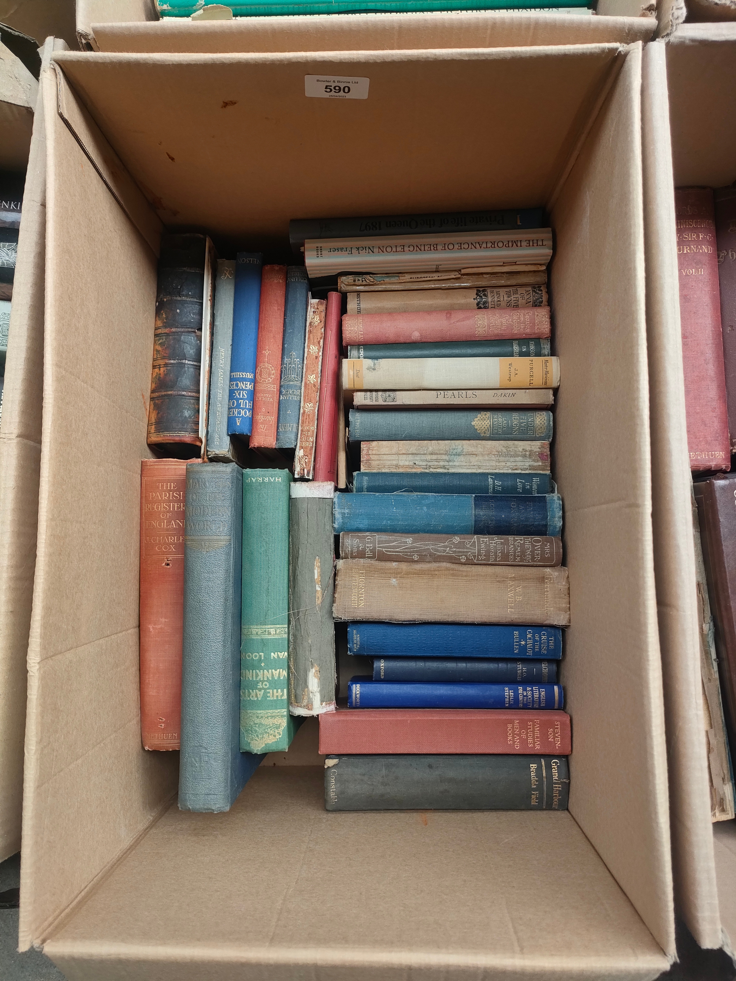 A Box of antique books to include the parish register of England, pearls by dakin, fernande by w b