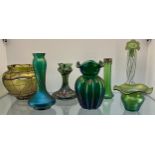 A Collection of Art Nouveau art glass to include Loetz style vases, Also include cameo style perfume