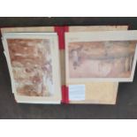 Portfolio containing various art prints and artworks to include watercolour depicting loch signed