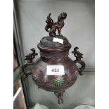 A Chinese Bronze cloisonné censor pot with cover. Foo dog figure sat to the top of the lid.