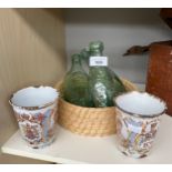 Three antique cod bottles and two enamel Royalty cups.