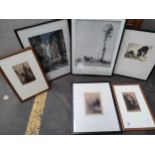 Selection of Six framed etchings and engravings to include French Rouen Gross Harloge (Great