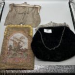 Three antique ladies bags to include London silver chainmail bag, Ornate silver and black fabric bag