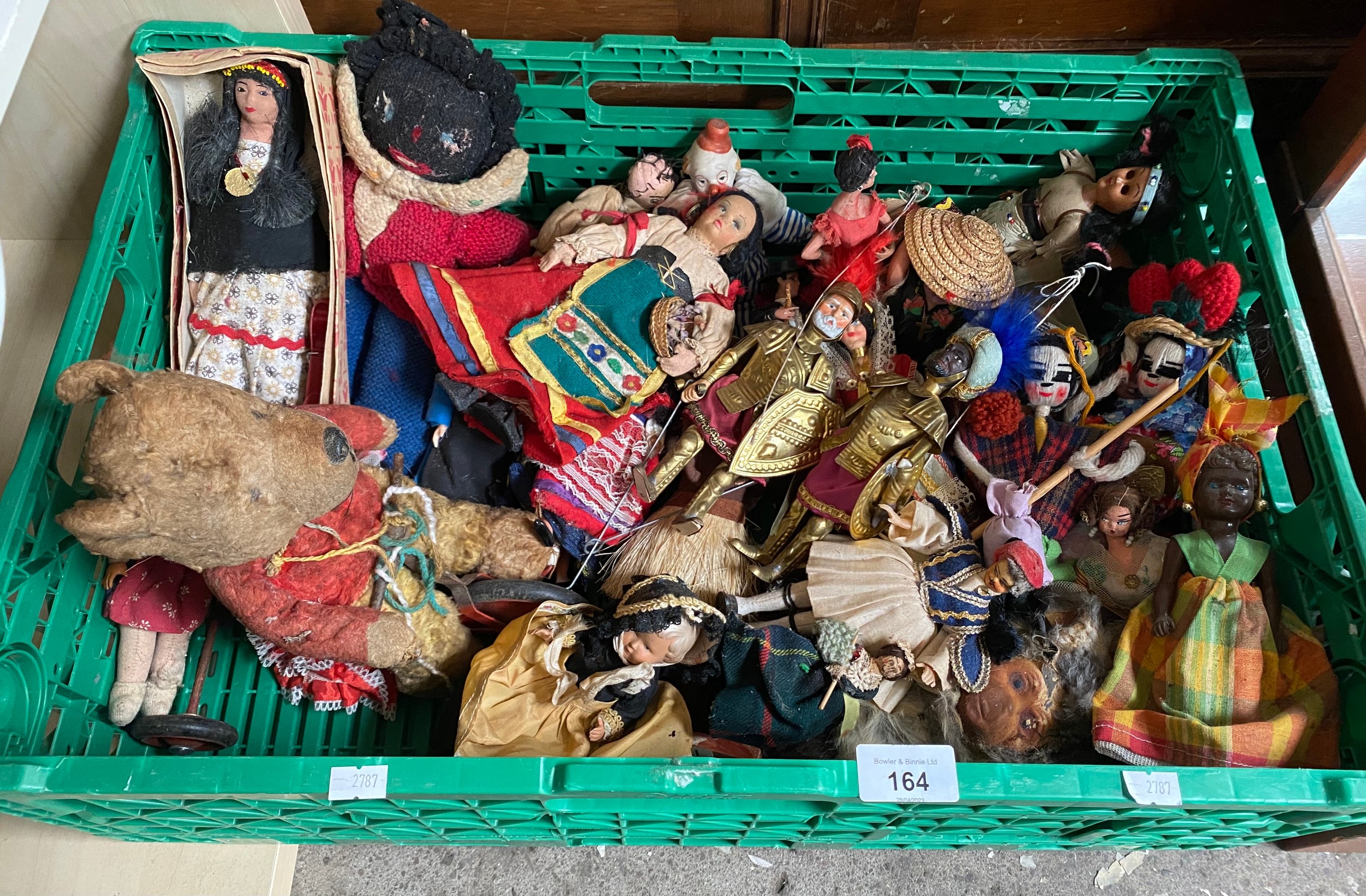 A Box of antique and vintage mixed world dolls, puppets and teddies. Includes Robinsons teddy, Two - Image 4 of 4