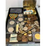 Tray of mixed world coins, stamps and odds