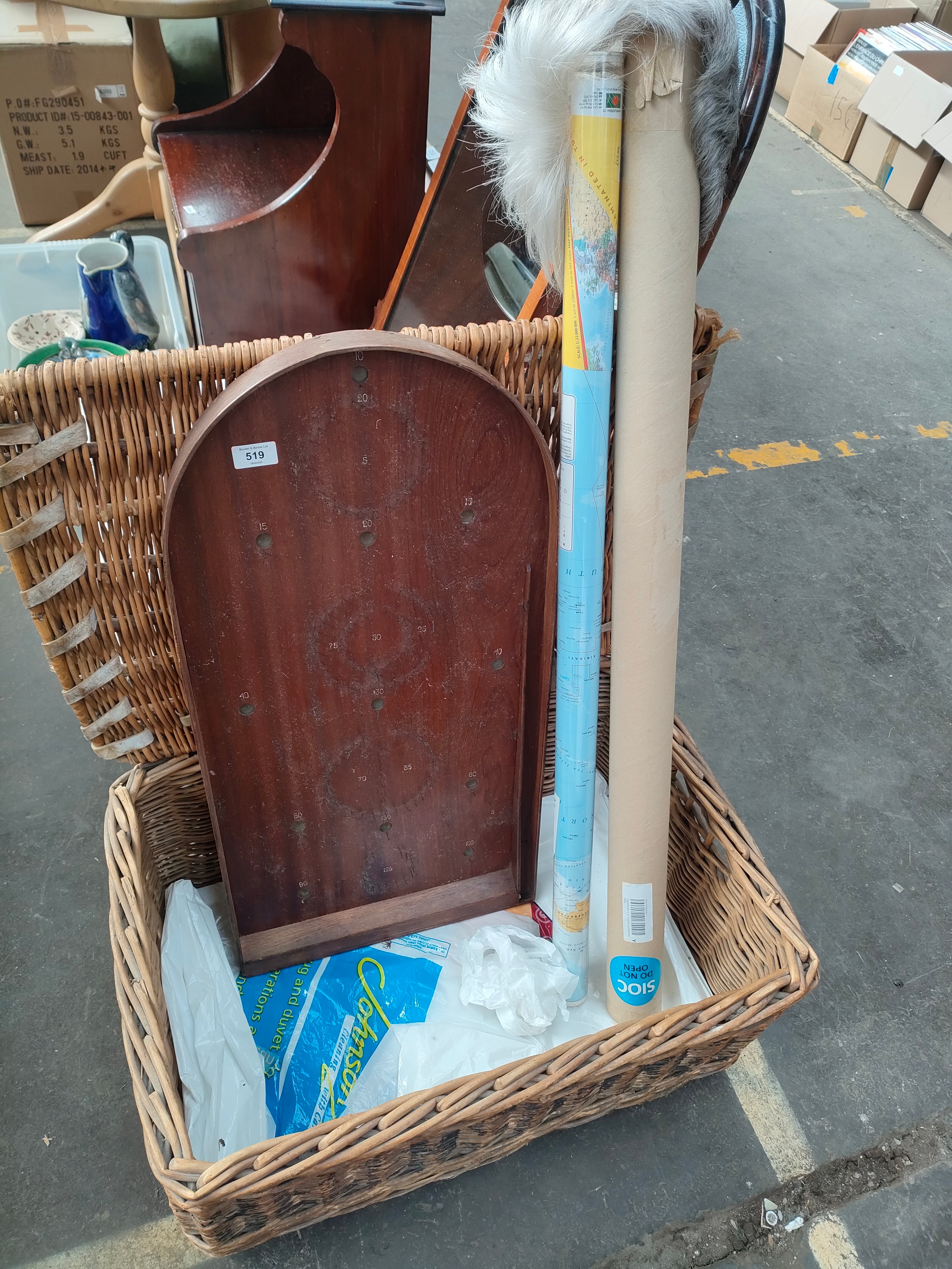 Large wicker basket, vintage bagatelle board and a large world wall map.