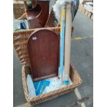 Large wicker basket, vintage bagatelle board and a large world wall map.