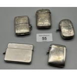 Five various Silver vesta cases. One has a sovereign holder and one has a hole for each match. Three
