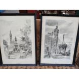 Two framed prints titled "Glasgow Cross and Tolbooth Steeple" and "Glasgow University from