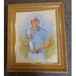 Peter Deighan Original acrylic on canvas of Rory Mcllroy, also signed by himself in pen within a