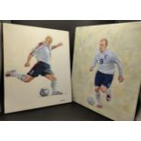 Two oil paintings England Football Club 'David Beckham' and Wayne Rooney Signed Deighan